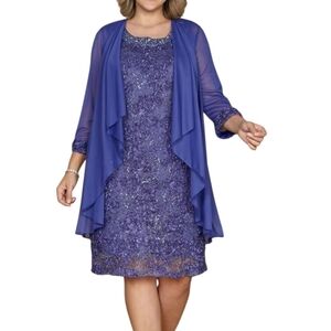 R&M Richards Dress Suit Size 22W Blue Sheer Chiffon Open Jacket Embellished Neck